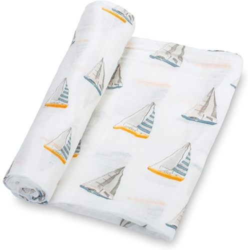 Swaddle Blanket | 100% Muslin Cotton | Gender Neutral Newborn and Baby Nursery Essentials for Girls and Boys, Registry | Sailboat Print - Sailing Away