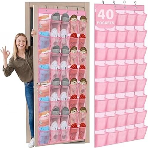 Windyun 40 Over the Door Shoe Organizer Large Breathable Mesh Pockets Pink Hanging Shoe Rack for Closet Behind Door Hanger Storage Holder Nonslip Hooks for Women Entryway Bedroom Utility Room