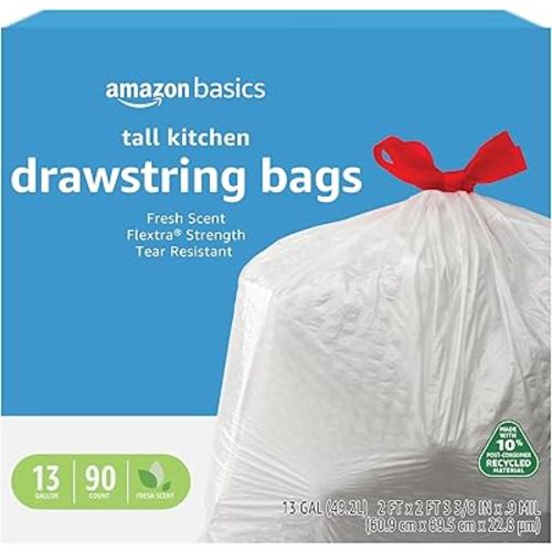 Amazon Basics Flextra Tall Kitchen Drawstring Trash Bags, Clean Fresh Scent,10% Post Consumer Recycled Content, 13 Gallon, 90 Count, Pack of 1