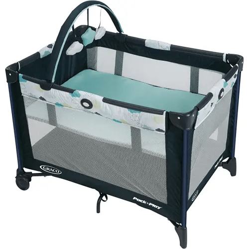 Graco Pack and Play On the Go Playard | Includes Full-Size Infant Bassinet, Push Button Compact Fold, Stratus , 39.5x28.25x29 Inch (Pack of 1)