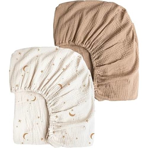 Konssy Muslin Crib Sheets for Girl Boy, 2 PCS Soft and Breathable Cotton Baby Sheets for Standard Crib Mattress, 52"x 28" (Moon,Camel)