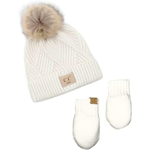 Funky Junque Infant Pom Pom Beanie Matching Fleece Lined Soft Mittens Set for Baby Newborn Boy Girl