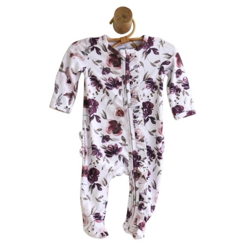 Girl Ruffle Zipper Footie in Demi's Dusty Purple - Size Newborn
