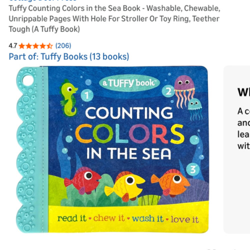 Tuffy Counting Colors in the Sea Book - Washable, Chewable, Unrippable Pages With Hole For Stroller Or Toy Ring, Teether Tough (A Tuffy Book)