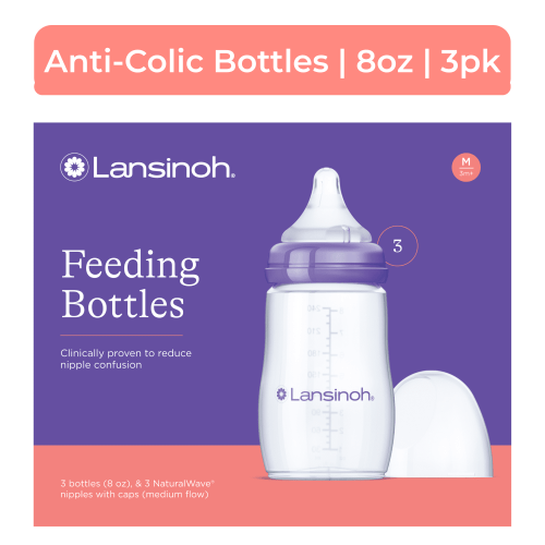 Lansinoh Anti-Colic Baby Bottle for Breastfeeding Baby, Baby Formula Feeding, 8oz, 3pk, Medium Flow Nipples, Size M HSA/FSA Eligible