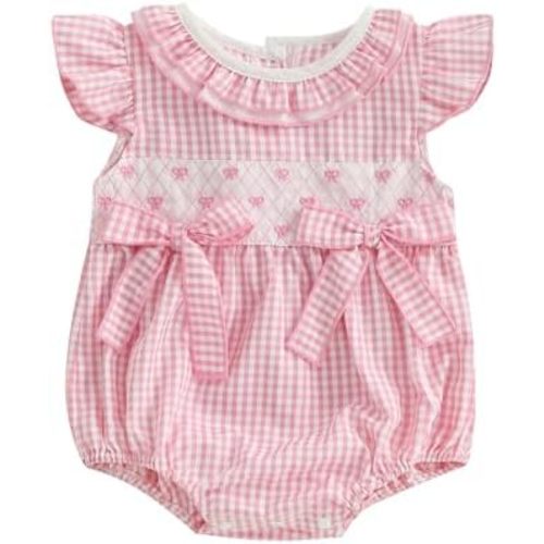 Newborn Baby Girl Summer Outfit Bow Smocked Bubble Romper Doll Collar Plaid Bodysuit Fly Sleeve Jumpsuit Clothes