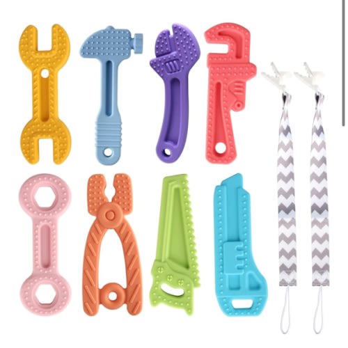 8 Pack Chew Baby Teething Toys for 0-12 Months, Freezable BPA Free Silicone Baby Molar Teether Chew Toys, Hammer Wrench Spanner Pliers Hand Saw Shape Baby Girl's Boy Car Seat Toy