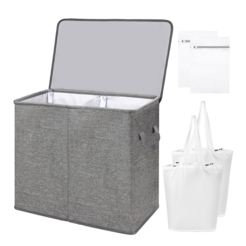 YOUPINS Cesto de Ropa Sucia Doble con Tapa y Bolsas de Lavandería Removibles, Gran Canasta Plegable con 2 Divisores para Ropa Sucia con Asas para Dormitorio, Cuarto de Lavado, Armario, Baño, Universidad, Gris Oscuro