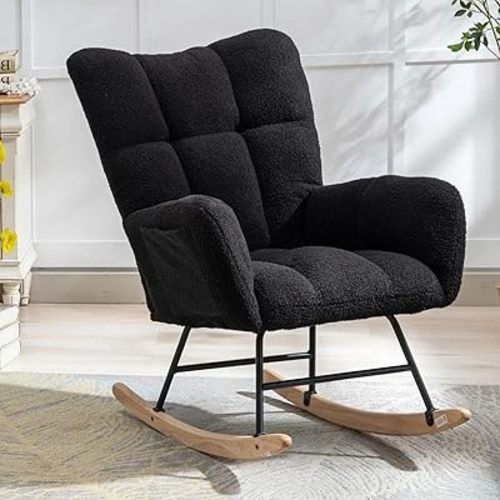 Nursery Rocking Chair Teddy Upholstered Glider Rocker Rocking Accent Chair with High Backrest Armchair Comfy Side Chair for Living Room, Bedroom, Offices (Black)