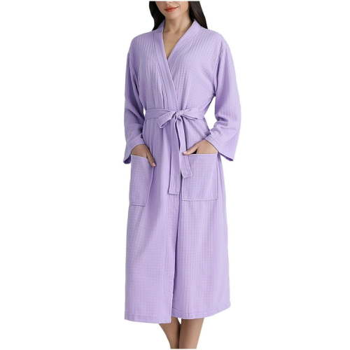 AherBiu Women Long Bathrobe Pajamas Open Front Wrap V Neck Long Sleeve Belted Bath Robe with Pockets