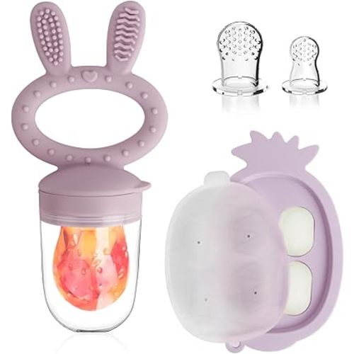 Teething Toys, Baby Fruit Feeder, Breastmilk Popsicle Molds for Baby Cooling Relief, BPA Free Baby Food Feeder for Safe Infant Self Feeding, Teething Pacifier 4 Month+ (Rabbit Purple)
