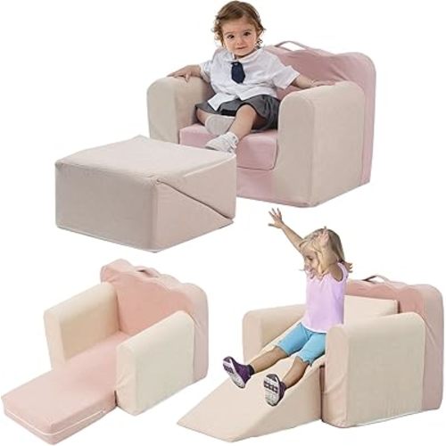 Toddler Folding Couch, 3-in-1 Flower Shape Footrest Sofa, Convertible Sofa Recliner/Glide, Comfortable Flip-Flop Sofa for Toddlers 0-2 Years (Beige Pink)…
