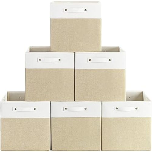 13 x 13 Inch Fine Linen Storage Bins with Handles，Fabric Cube Boxs，Basket Organizers for Shelves for Home, Closet Drawers (White/Khaki-6 Pack)