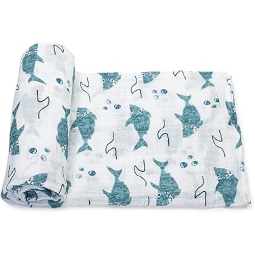 Baby Swaddle Blanket - 100% Muslin Cotton Unisex Soft Swaddle Wrap for Baby Boys or Girl - Neutral Newborn Receiving Blankets - Nursery Swaddling for Babies - 47” x 47” (Shark)