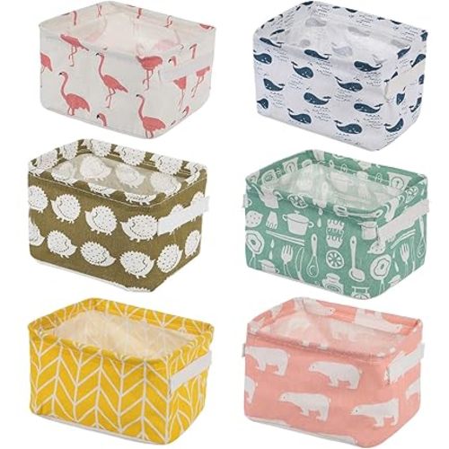Foldable Storage Basket - Set of 6 Small Collapsible Canvas Containers Organizers with Handle for Home Decor or Storing Toys, Keys, Sundries, Little Crafts. (Style A)