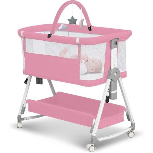 Baby Bassinet,3 in 1 Bedside Bassinet for Baby with Hanging Toys, Portable Foldable Baby Bassinets Bedside Sleeper,4-Sided Mesh Bedside Crib with Wheels and Storage Basket,7 Height Adjustable (Pink)