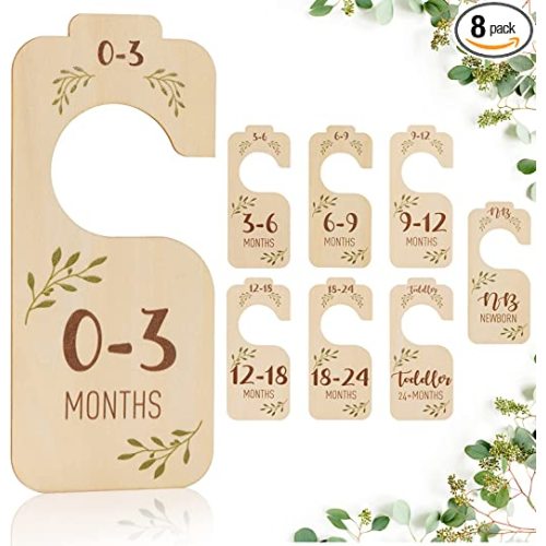 Giftacity Baby Closet Dividers for Clothes Organizer - Set of 8 Beautiful Wooden Double-Sided Baby Clothes Size Hanger Organizer from Newborn to 24 Months for Boho Nursery Decor