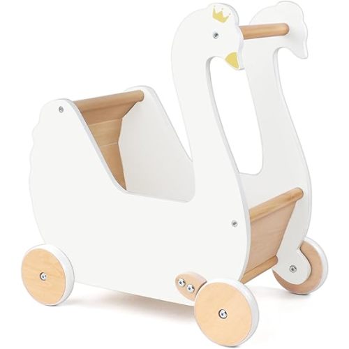 Wooden Doll Stroller, Baby Pram Toy, Wooden Swan Baby Walker for Toddler Boys & Girls 18 Months and Up