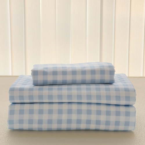 Light Blue Gingham Queen Sheet Set, Soft Brushed Microfiber Blue Plaid Checked Queen Bed Sheets, 4-Pieces Blue Grid Sheet Set with Deep Pocket