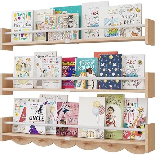 Nursery Bookshelves Wall Mounted,34inch,Set of 3, Floating Shelf Kids Coat Rack with 6Hooks,Hanging Shelf for Baby Nursery Room Décor, Patent Number: 29924445,Burlywood