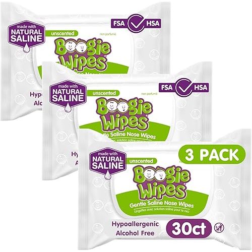 Saline Nose Wipes by Boogie, for Baby & Kids, Face, Hand & Body, FSA/HSA Eligible, Made with Vitamin E, Aloe, and Natural Saline, Unscented, 30 Count (Pack of 3)