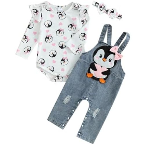 Newborn Baby Girl Valentines Day Outfit Long Sleeve Romper Heart Onesie Denim Overalls Cute Coming Home Outfit