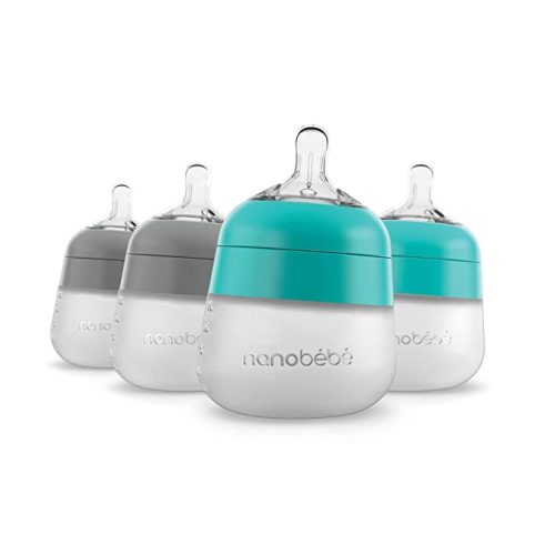 Nanobébé Flexy Silicone Baby Bottle, Anti-Colic, Natural Feel, Non-Collapsing Nipple, Non-Tip Stable Base, Easy to Clean 4-Pack, Grey/Teal, 5 oz - 5 Ounce 4-Pack