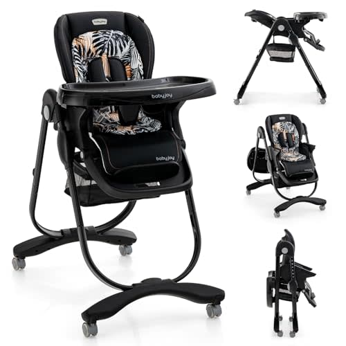 BABY JOY High Chair, Foldable Baby High Chair with Adjustable Height, Recline & Footrest, Double Removable Tray, Storage Basket, Portable Chair with Wheels for Babies & Toddlers (Black)
