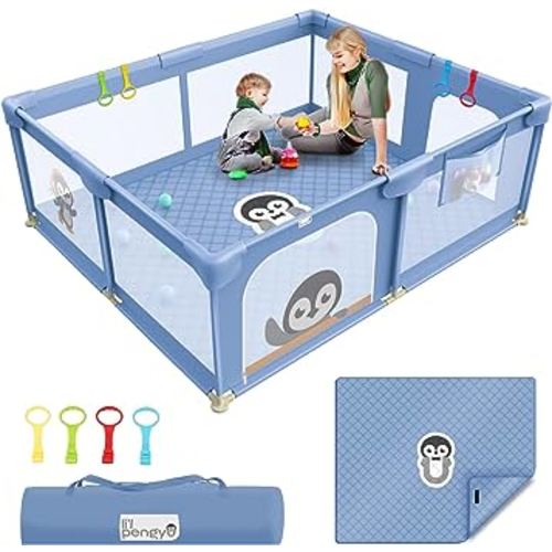 Baby Playpen for Babies and Toddlers, 71 x 59 inch Playpen with Mat, Unique Little Penguin Character Design, Soft Breathable Mesh Baby Play Yard for Indoor & Outdoor Family Time