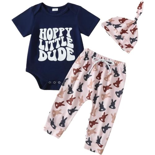 FYBITBO My First - Baby Boy Outfit - Pants Hat Long Sleeve Clothes Set - 0-3 Months - Navy-bunny Print My First Easter Outfit