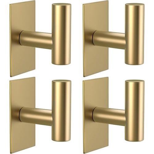 VAEHOLD Wall Towel Hooks, Heavy Duty Sticky Holder Waterproof Towel Hooks for Hanging Coat, Clothes, Closet Hook Wall Mount for Kitchen (Gold, Adhesive 4 Pack)