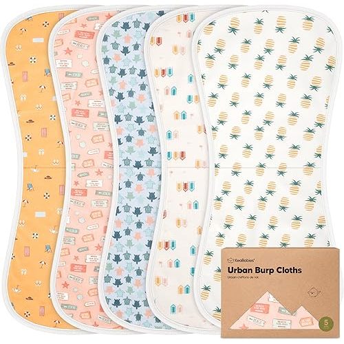 Organic Burp Cloths for Baby Boys and Girls - 5-Pack Super Absorbent Burping Cloth, Burp Clothes, Soft & Plush, Newborn Milk Spit Up Rags, Burpy Cloth Bib for Unisex, Burping Rags (Beach Day)