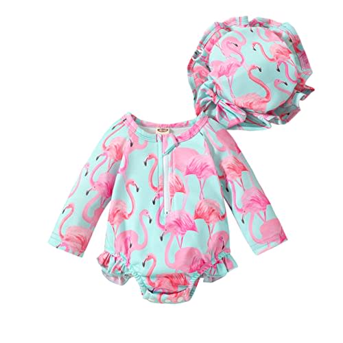 Aimaopao Baby Girls Swimsuit Long Sleeve Zipper Bathing Suit One Piece Swimwear with Hat
