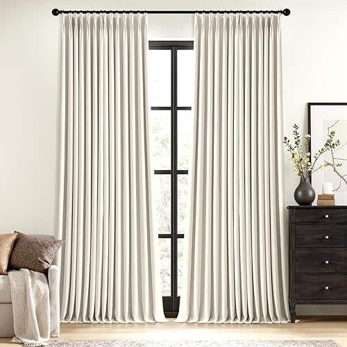 MIULEE Natural Pinch Pleated 100% Blackout Linen Curtains 90 Inch Length 2 Panels Set, Pleat Curtains with Pin Hooks, Black Out Light Blocking Room Darkening Drapes for Bedroom Living Room Window