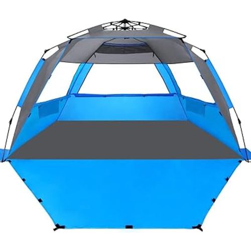 WhiteFang Deluxe Pop Up Beach Tent Sun Shade Shelter for 3-4/5-6 Person, UV Protection, Extendable Floor with 3 Ventilating Windows Plus Carrying Bag, Stakes, and Guy Lines
