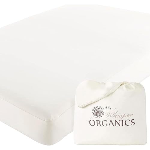 Whisper Organics, 100% Waterproof Mattress Protector – Baby Crib Size Fitted Sheet for Baby and Toddler Bed - GOTS-Certified Organic - Breathable - White Color, Standard Crib