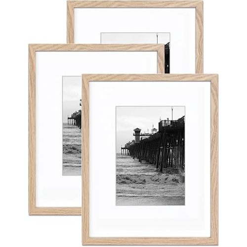 Light Oak Picture Frame11x14 mat to 8x10 set of 3, Modern Style Wood Composite frames 11x14 Poster Frame, 11 by 14 Frame Tempered Glass Photo Frames for Wall Art Prints for Home Decor
