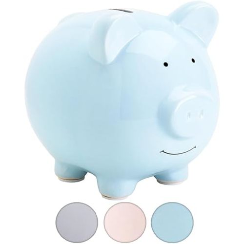 Pearhead Large Ceramic Piggy Bank, Ideal for Boys and Girls, Kids Money and Coin Bank, Perfect Baby Boy Nursery Décor, Great Gift and Newborn Keepsake, Light Blue