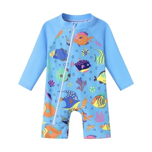 Baby Boy Swimsuit One Piece Long Sleeve Zipper Bathing Suit UPF 50+ Sun Protection Rashguard Swimwear 0-24 Months