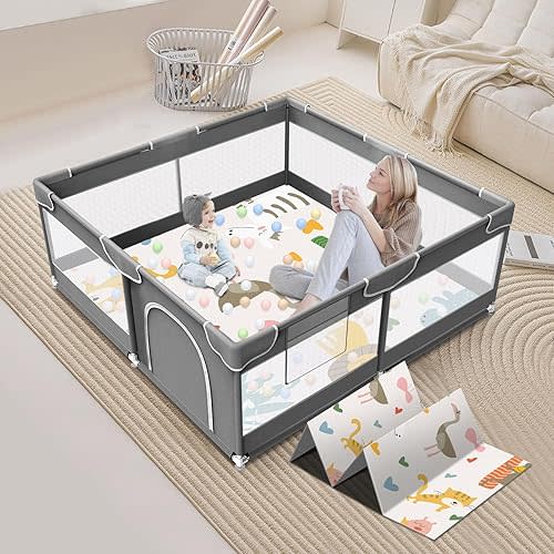 Baby Playpen with Mat, 50 x 50 inch, PlayPen for Babies and Toddlers, Baby Play Yards Indoor & Outdoor, Sturdy Safety Baby Play Pen with Soft Breathable Mesh, Baby Fence