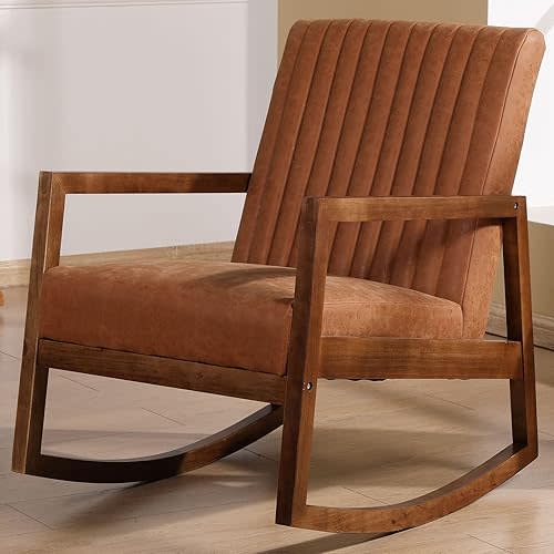 VESCASA Upholstered Faux Leather Rocking Chair with Channel-Tufted Back, Mid-Century Modern Comfy Rocker with Black Walnut Wood Frame for Nursery Living Room Bedroom Indoor, Burnt Orange
