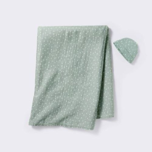 Hospital Muslin Swaddle And Hat Gift Set - 2ct - Green - Cloud Island™