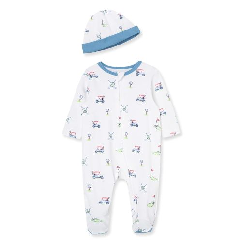 Little Me Baby Boy Clothes 2-Piece Baby Sleeper and Cap Set, 100% Cotton Footies Baby Essentials, Preemie to 9 Months