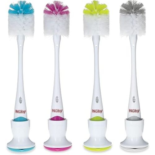 Nuby 2 in 1 Bottle and Nipple Brush with Stand, 1 Pack, Colors May Vary