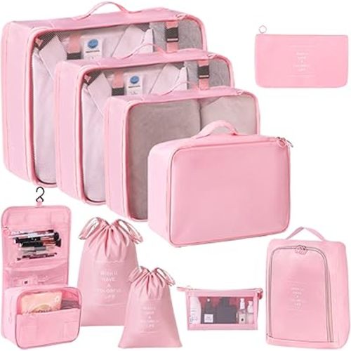 10 Set Packing Cubes for Travel Essentials, Rugged Luggage Sets Organizer with Mesh Design, Ideal Traveling Accessories for Men,Women, Good for Suitcase Organization on Any Trip（Pink)