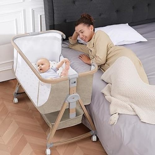 Baby Bassinet, Basinet Bedside Sleeper with Waterproof Bassinet Sheets and Soft Mattress, Safe Adjustable Height Bedside Bassinets with Wheels, Girl/Boy Bassinets, Jestonten (Khaki)