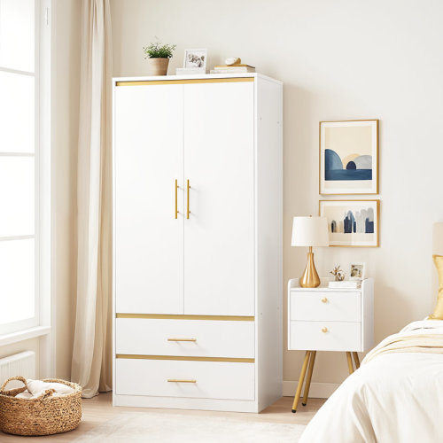 Ebern Designs 2 Door 66.9'' H Armoire Wardrobe Closet with Hanging Rod and 2 Drawers | Wayfair