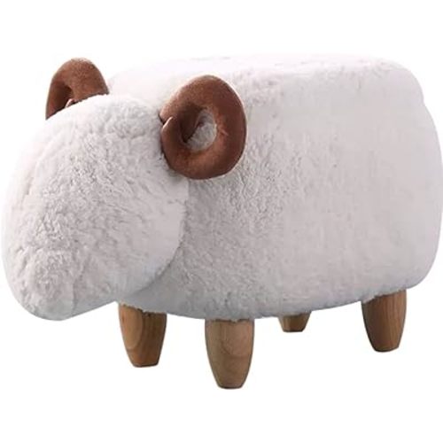 WAYUTO Animal Footstool Upholstered Ottoman Bench Furry Sheep for Living Room Dorm Foot Rest Step Stool Padded Seat Wood Foot Heavy Duty Decorative