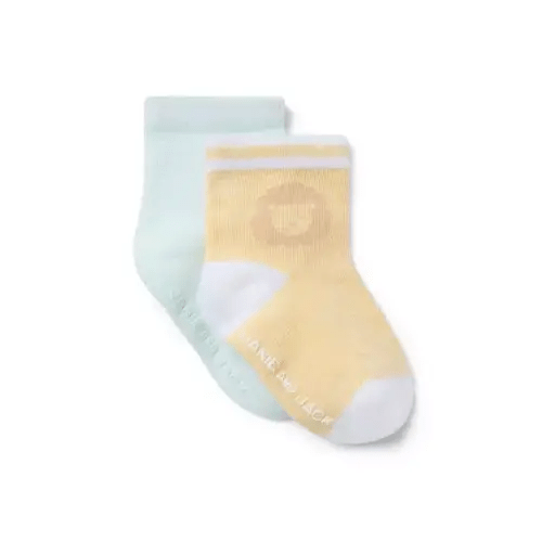 Baby Butter Yellow Lion And Pale Blue Stripe Baby Lion And Stripe Sock Set by Janie and Jack