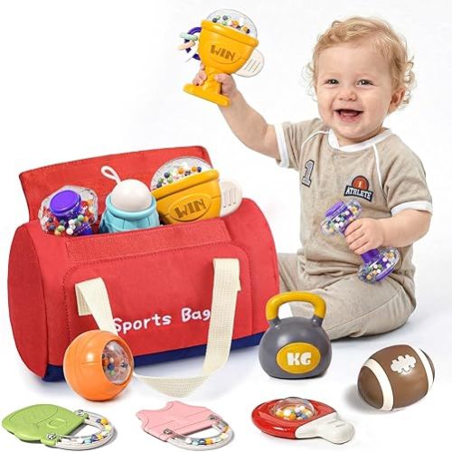 STACTCUTE 11 Pcs Baby Rattles Teether Toys Set, Sports Themed Gym Toy Bag for Infants 0-6 6-12 Months, Dumbbell & Ball Sensory Teething Toys, Newborn Boy Stuff 1st Birthday Shower Gifts